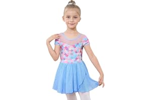 JiAmy Girls Ballet Dress, Short Sleeve Ballet Outfit Ballet Leotard, Kids Sequins Ballet Costume Dancewear with Chiffon Skirt