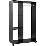 HOMCOM Open Wardrobe on Wheels with Clothes Rail, Bedroom Clothes Storage with Hanging Rod, 3 Storage Shelves, Mobile Garment