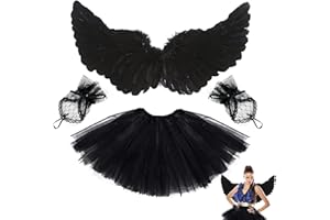 BARVERE Teufel Kostüm Damen Mädchen, Engel und Teufel Kostüm mit 80 x 45 CM Engelsflügel, Rock und Handbestickt Handschuhe, Damen Mädchen Faschingkostüme Karneval Cosplay Halloween Party - Teufel