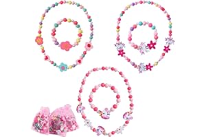 QUNKUN Collana Bracciali Bambina, Set di Gioielli in Legno, 6 Pezzi Gioielli Bambina Collana Braccialetti, Collana e Braccialetti Set Regalo Festa Compleanno per Bambina