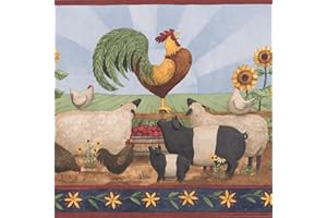 CONCORD WALLCOVERINGS ™ Tapetenbordüre Vintage Landhaus Muster Bauernhof Tiere Kuh Schwein Teppich Huhn Hahn Sonnenblumen für Cottage Essbereich, mehrfarbig, 25,4 cm x 4,1 m KR2532B
