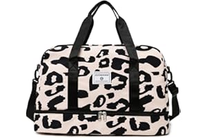 Vllcsla Sac de Sport Femme Grand, 42.43L, avec Compartiment Chaussures & Poche Humide, Sac de Voyage Léopard Bagage à Main Léger, Sacs de Sport Imperméable Femme pour Yoga/Weekend/Gym/Voyage, Noir