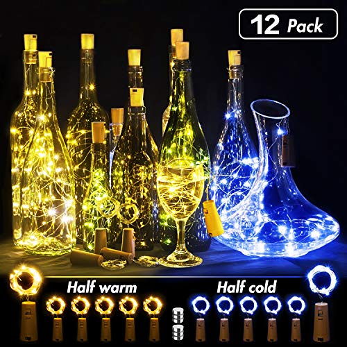 Wine Bottle Lights with Cork,Makion 12 Pack 2M 20LED Copper Wire Battery Operated Fairy Lights, Festival Accessories for Party Birthday Christmas Wedding Table Décor(6 Warm White & 6 Cool White)