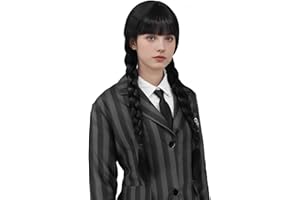 Creamily Parrucca nera lunga con trecce e frangia per feste in famiglia, parrucca per cosplay e costumi di Halloween