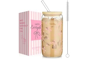 AOOTE Vasos de Cerveza con Forma de Lata,500 ml Taza de Té Burbuja con Tapas Herméticas de Bambú,Pajita,Cepillo de Limpieza,Vasos de Cristal Bow,Regalos para Niñas, Mujeres y Amigos