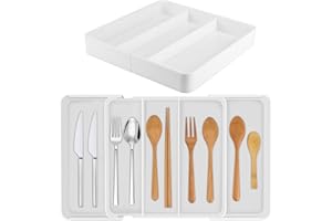 AUAURAINTT Organizador de Cubiertos Extensible Blanco, 27-45.5 cm Organizador Cubiertos para Cajón con Muesca y Compartimentos, Organizador Cubiertos para Utensilios de Cocina