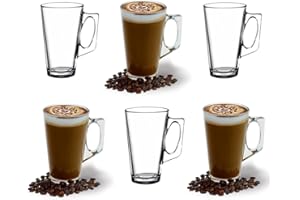 ANSIO Large Latte Glass Coffee Cups - 375ml (12.6 oz) -Pack of 6 Latte Glasses - Compatible with Tassimo Machine