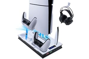 Wigearss Pionowy stojak na wentylator PS5 Slim z podwójnym kontrolerem, ładowarka do PS5/PS5 SlimPS5 PRO UHD/Digital Edition/