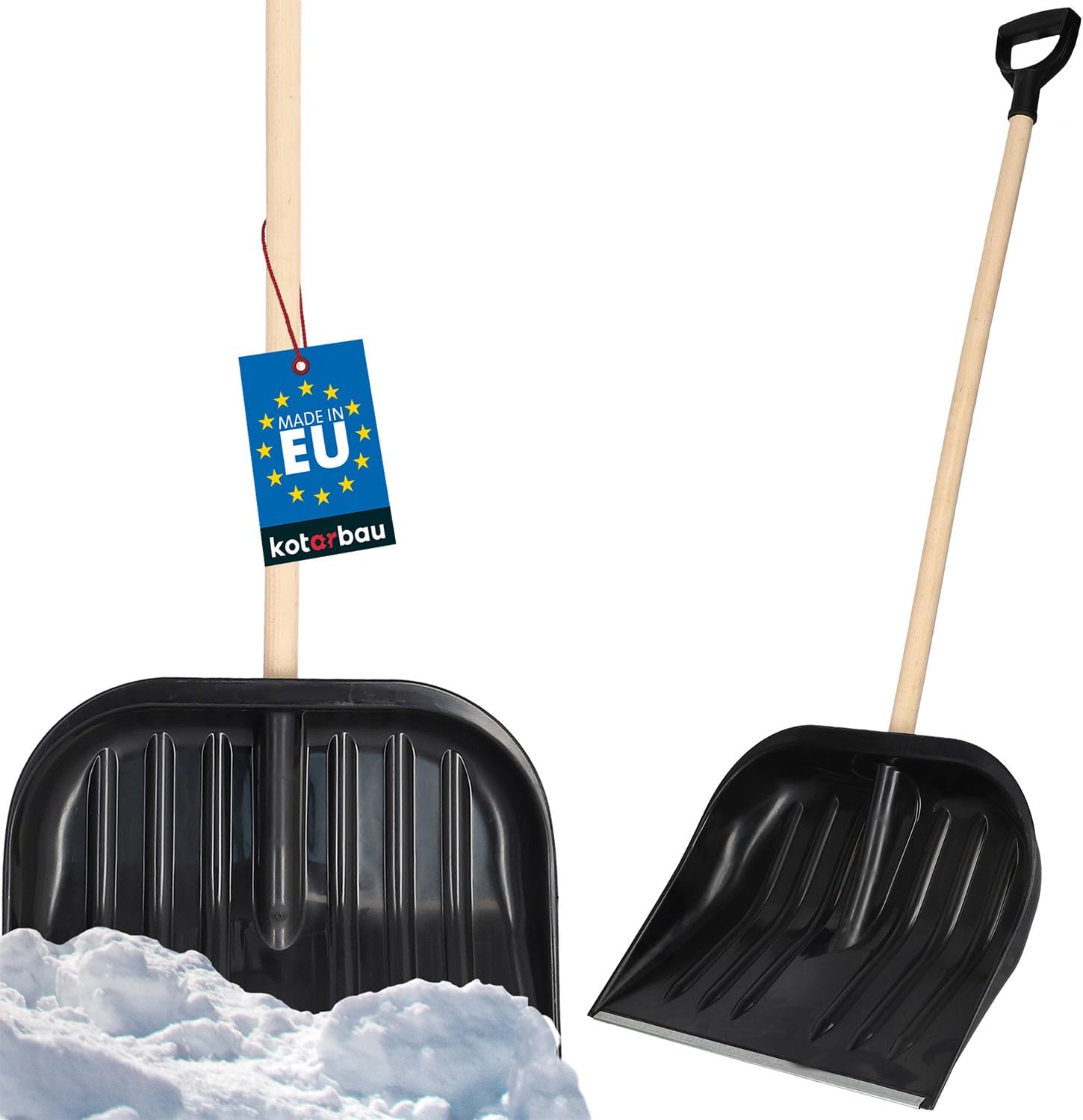 KOTARBAU® Pala de Nieve Con Mango de Madera y Anilla, Quitanieves Con Mango en D, Negra, 48cm de Ancho, Plástico Resistente Con Borde de Aluminio