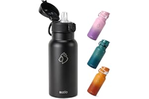 BUZIO Insulated Water Bottle 500ml - Stainless Steel Water Bottle with Straw for School - BPA Free - 100% Leak Poof - Lockable POPUP Lid - Toddler Water Bottle 500ml - Black