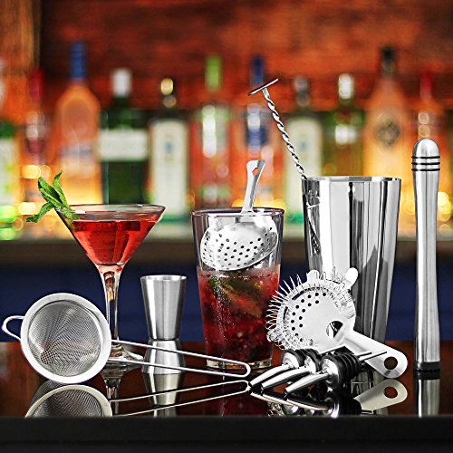 bar@drinkstuff Barkeeper-Set, Mixer und Glas, verdrehtem Mischlöffel, Ausgießer, Messbecher und 3 Sieben - 2
