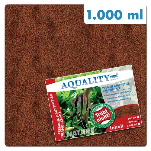 AQUALITY PREMIUM Hauptfutter Granulat-MIX 1.000 ml (Neuartige weiche und stabile Konsistenz. Trübt nicht - Ideales Granulatfutter für alle Zierfische - Optimales Hauptfutter für die tägliche Fütterung Ihrer Aquarium Fische)