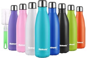 Flintronic Bottiglia Acqua in Acciaio Inox, 500ML Portatile Borraccia, Senza BPA, Borraccia Termica Acciaio Inox, Bottiglia d'Acqua con Spazzola per Scuola, All'aperto, Yoga, Palestra