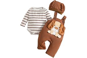 UUAISSO Bébé Garçon Vêtements Manches Longues Rayures Hauts Dinosaure Imprimé Salopette Réglable Bretelles Pantalon Tenue Ensemble