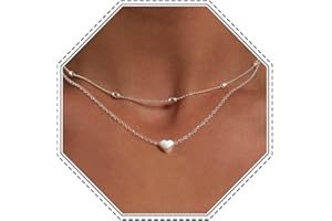 Jovono Boho Layered Heart Necklace Silver Beaded Choker Neck Chain Lover Pendant Necklaces Beach Jewelry for Women and Girls (SET1)