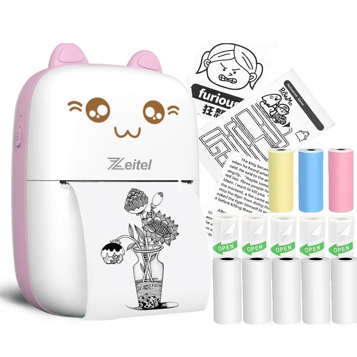 ZEITEL® Mini Bluetooth Thermal Printer, Portable Label Printer Inkfree Printer for Android & iOS System, Black on White Thermal Printer with 10 Roll of Print Paper, Stickers, Pink
