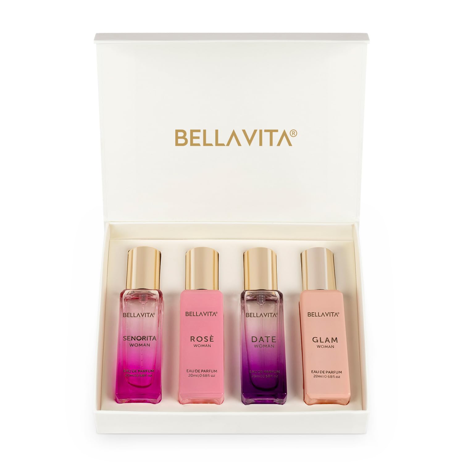 Bella Vita Luxury Woman Eau De Parfum Gift Set 4x20 ml for Women with Date, Senorita, Glam, Rose Perfume|Floral, Fruity Long 