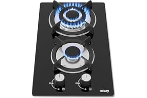 IsEasy Plaque Gaz 2 Feux Encastrable, Plaque de Cuisson Gaz 2 Feux Verre, Table Gazs 30cm, Gazs Bouteille et Ville, Avec buse NG/LPG