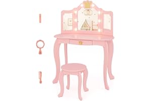 COSTWAY Tocador de Maquillaje Niña, Tocador Niña Madera con Espejo Plegable y 8 Bombillas, Juego de Mesa y Silla de Princesa con Brillo Ajustable, Cajón Extraíble y Taburete (Rosa, con Luces)