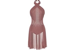 CHICTRY Women's Lyrical Dance Costume Halter Neck Rhinestone Modern Contemporary Dance Dress