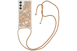 IMIRST Funda con Cordón Compatible con Samsung S24 Plus Bling Liquid Glitter Carcasa de Silicona Chaqueta Antisísmica Funda de Collar de Cordón Umbilical para Samsung Galaxy S24+. LP Love Gold