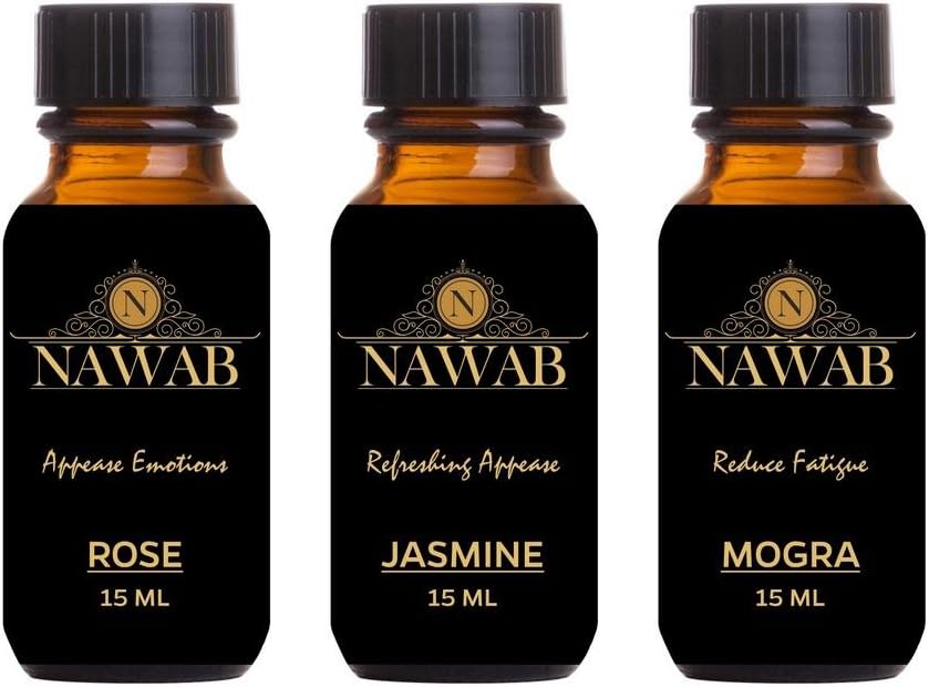 NAWAB aroma oil/Diffuser oil/scented oil/fragrance oil (Rose, Jasmine, Mogra - 15ml each)