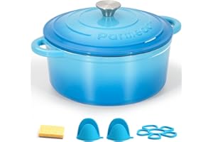 Parmedu Horno holandés de hierro fundido esmaltado, olla de 5.5 cuartos de galón con tapa, doble asa, utensilios de cocina resistentes para estofar, guisos, asar, hornear pan, azul océano