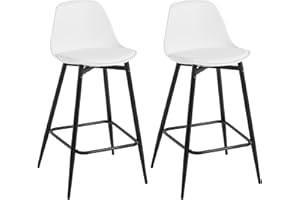 Klihome Sgabelli da Cucina, Sgabelli da Bar Set di 2, Sgabelli da Bar per Colazione con Schienale, con Sedile in PP Imbottito e Struttura in Metallo con Poggiapiedi, Bianco, K0002BH-2