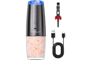 FORLIM Electric Salt or Pepper Grinder USB Rechargeable, 6 Oz Capacity with Led Light, Adjustable Coarseness Stainless Steel Gravity Pepper Mill for Kitchen, Outdoor, 1 Pack (Metallic Gunmetal)