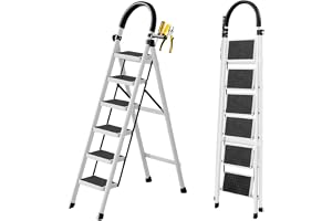 SKY-TOUCH Foldable Ladder 6 Steps, Home Stepladders Folding Step Stool with Wide Anti-Slip Pedal, Adults Folding Sturdy Steel Ladder for Home,Kitchen, Garden, Office