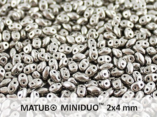 10gr Czech Pressed Glass Seed Beads with Two-Hole, MiniDuo 2x4 mm, Jet Silver Paste