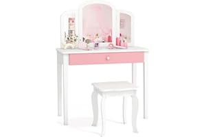 Maxmass Kids Vanity Table and Stool, 2 in 1 Children Vanity Table with Tri-folding Mirror & Drawer, Princess Make up Desk Girls Makeup Table for Bedroom Playroom (White)