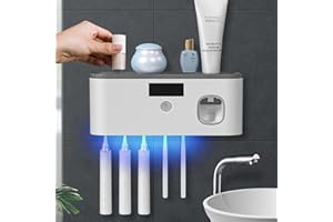 SYNTAXHO Wall Mounted Toothbrush Holder with Toothpaste Dispenser, Electric Toothbrush Holder for Bathroom-Solar Charging and no Drilling Required Smart Clean Toothbrush Organizer with 5 Brush Slots