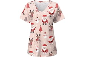 OUMSHBI Health Scrub Tops for Women UK Plus Size Womens Christmas Print Short Sleeve Pocket V Neck Overalls T Shirt Short Sleeve Top Lightweight Medical Scrub Top for Women Medical Scrub Tops