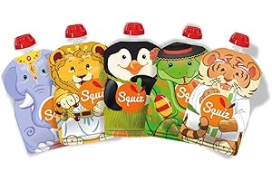 SQUIZ - FABRICATION SUISSE - Lot de 5 Gourdes Rechargeables et Réutilisables 130ml Sans BPA - Pour Compotes, Purées et Smoothies - Pour Bébé, Enfant et Adulte - Collection CARNAVAL