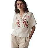 ANNI Designer Women Relaxed Fit Cotton Embroidered Tops | Floral Thread Work Short Sleeve Shirt | Casual Summer Wear for Offi