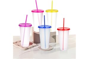 Huanmin Bicchiere con Cannuccia e Coperchio Bambini, 6pcs Bicchieri in Plastica Bicchieri Colorati, Riutilizzabile Tazze di Plastica Tazza da Frullato per Bambini Adulti Feste