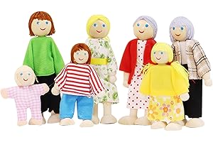 DAVBNM Sets of 7 People Wooden DollHouse Family Dolls Toys, Wooden Figure Set, Lovely Happy Family Doll Playset, Dollhouse Accessories, DollPeople Playset for Doll House Kids Children