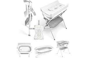 Ms Bañera Bebe con Patas, Cambiador, Cojín Reductor y Cesta Portaobjetos - Comoda, Facil de Guardar, con Tapón y Patas Antideslizantes - Bañera Bebé Plegable y Portatil