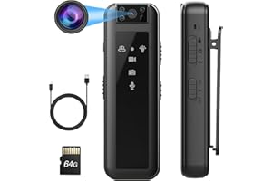 WAKERUG Mini Body Camera with 64GB Memory Card, Portable Body Camera with Audio and Video, 1080P HD Body Cam for Office, Travel, Outdoor, with 180° Rotatable Lens, Infrared Night Vision