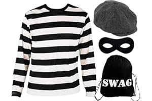 I LOVE FANCY DRESS Adults Burglar Costume - Black & White Striped T-Shirt, Grey Flat Cap, Black Eye Mask, Black Swag Bag - Adults World Book Day Book Week Fancy Dress Costume
