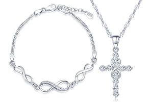 Yumilok Jewelry 925 Sterling Silver Cubic Zirconia Infinite Love Cross Pendant Charm Necklace Bracelets Jewelry Set for Women/Girls