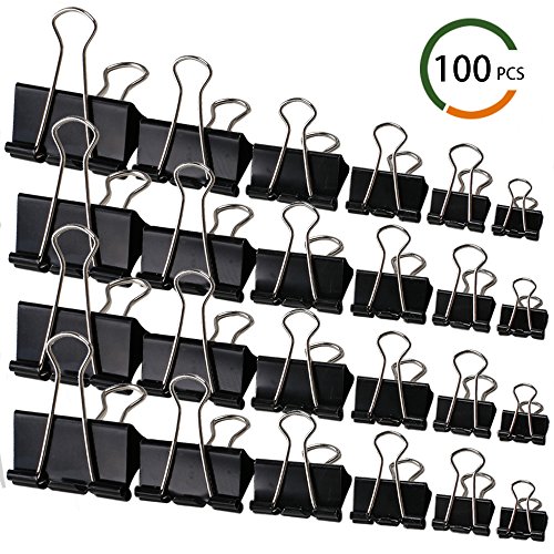 FOGAWA 100 Piezas Caja Pinza 6 Tamaños clasificados Pinza Clip Pala Abatible Pinzas de Oficina Reversibles Clips Metal para Notas Letter Paper Clip Oficina Arte de DIY, Negro