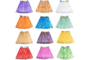 LYCN 12 Pieces Hawaiian Luau Hula Skirts, Plastic Elastic Dancer Skirts, Hula Short Grass Skirts Bulk Flowers Tropica for Party Favors Summer Beach (12 Colors)