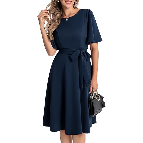 AUSELILY Zomerjurk met korte mouwen voor dames, midi-empire, ongedwongen, V- hals, geplooide jurk met zakken, Donkerblauw, XL