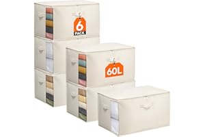 Lifewit Lot de 6 Sac de Rangement Vetement 60L, Housse Rangement Couette en Coton Résistant, Boite Rangement Pliable avec Fenêtre Transparente pour Drap de Lit, Placard, Demenagement, Beige