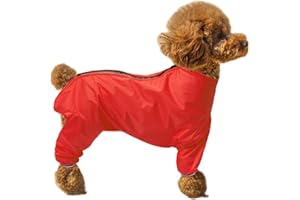 MOREZI Dog full body raincoat, Dogs coats with legs, lightweight waterproof jacket, zipper closure, puppy jumpsuit with leash hole and reflective strip safety - Red - Medium