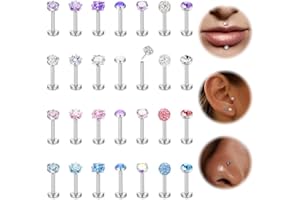 LOLIAS 28 Pièces Labret Levre Acier Chirurgical 16/20G 6/8mm Tragus Piercing Levres Bouche Étoile Cœur CZ Opale Medusa pour Femme