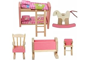 Cisixin Pink Wooden Dolls Toy Furniture Bedroom Pretend Play Toy miniature bedroom set