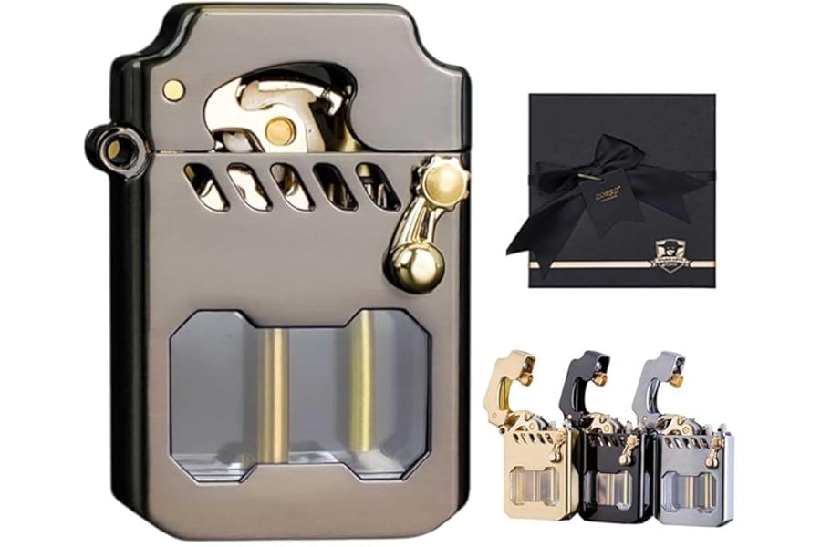 Mecha Metal Rocker Lighter, Retro Transparent Oil Tank Windproof Lighter, Metal Long Lasting, with Transparent Oil Tank Refillable (Black)